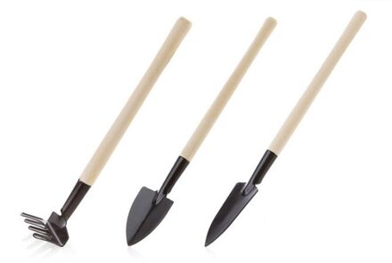 3Pcs Mini Draagbare Tuinieren Tool Metal Hoofd Schop Spade Hark Plant Tuin Bodem Raising Bloemen Houten Handvat Tool Metal hoofd
