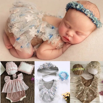 3Pcs Newborn Photography Props Suit Lace Romper Hat Pillow Headband Set Knit Outfits Clothing Infants Shooting Photo Gifts