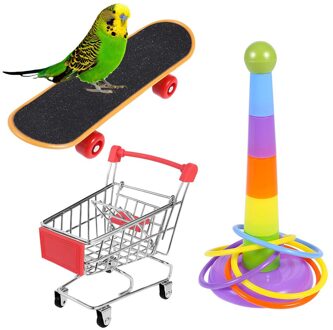 3Pcs Papegaai Speelgoed Set Trolley Skateboard Decompressie Speelgoed Voor Vogel Training Vogel Speelgoed Activiteit Kleurrijke Ringen Papegaai Ontwikkeling
