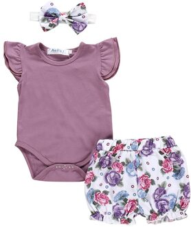 3Pcs Pasgeboren Kids Baby Meisjes Outfits Kleding Romper Paars Korte Mouw Bodysuit + Leuke Bloem Print Shorts + Hoofdband set Baby Pak 24M