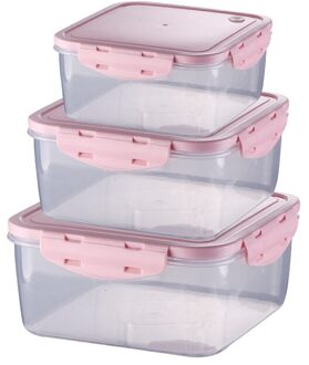 3Pcs Rechthoek/Vierkante Plastic Opslag Container Set Lunchbox Voedsel Opbergdozen Keuken Accessoires Organisator Voor Picknick plein 3stk roze