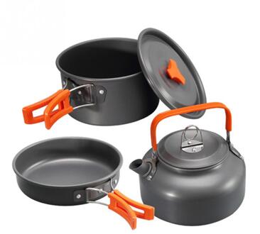 3Pcs Reizen Outdoor Camping Wandelen Cookware Set Aluminiumlegering Kit Draagbare Vouwen Non Stick Pot Pan Theepot Koekenpan oranje