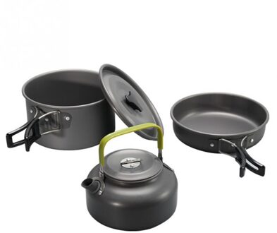 3Pcs Reizen Outdoor Camping Wandelen Cookware Set Aluminiumlegering Kit Draagbare Vouwen Non Stick Pot Pan Theepot Koekenpan zwart