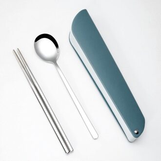 3Pcs Rvs Eetstokjes Lepel Set Met Draagbare Opbergdoos Houder Kantoor Student Reizen Bestek Keuken Servies Set blauw