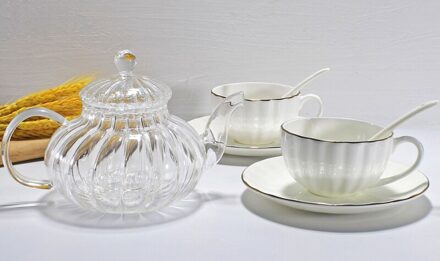 3pcs set, pompoen glas thee pot en bone china kopje koffie set met schotel, porselein thee set voor afternoon tea, service cafe