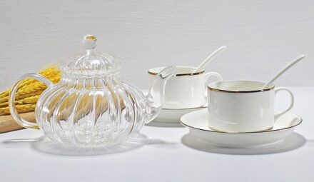 3pcs set, pompoen glas thee pot en bone china kopje koffie set met schotel, porselein thee set voor afternoon tea, service cafe