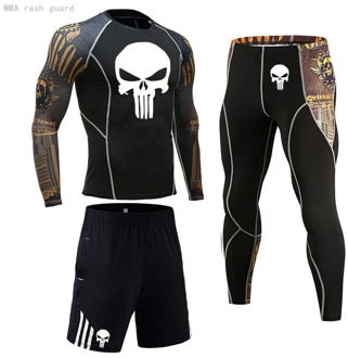 3PCS Set Punisher Men's Compression GYM Tights Spo rtswear Suit Training Clothes Skull shirt Workout Jogging Clothing Tracksuit