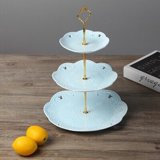 3Pcs Set, Reliëf Porselein Rood Groen Blauw, 3 Tier Fruit Stand, keramische Fruitschaal Voor Bruiloft, Cake Plaat Stand Vintage blauw reeks goud stand