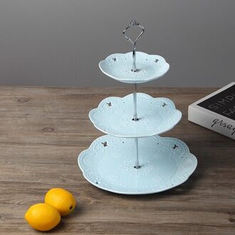 3Pcs Set, Reliëf Porselein Rood Groen Blauw, 3 Tier Fruit Stand, keramische Fruitschaal Voor Bruiloft, Cake Plaat Stand Vintage blauw reeks zilver