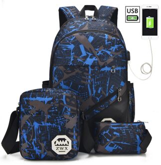 3pcs Set Schooltassen Voor Meisjes Tiener Meisje School Rugzak Voor Jongens Waterdichte Reizen Sport Rugzak Camouflage Boekentas Schooltas Blauw