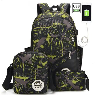 3pcs Set Schooltassen Voor Meisjes Tiener Meisje School Rugzak Voor Jongens Waterdichte Reizen Sport Rugzak Camouflage Boekentas Schooltas Groen