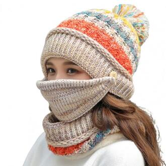 3Pcs Vrouwen Winter Pluche Gebreide Muts Beanie Sjaal Gezicht Cover Fietsen Warm Set Beige