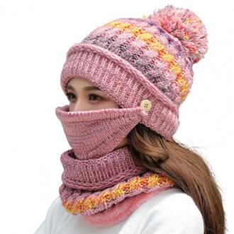 3Pcs Vrouwen Winter Pluche Gebreide Muts Beanie Sjaal Gezicht Cover Fietsen Warm Set Roze