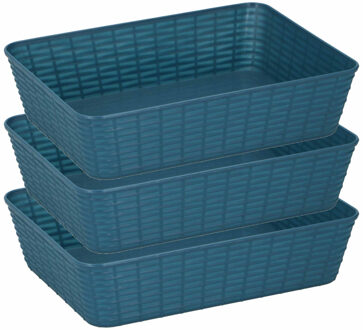 3x Blauwe plastic opbergmanden rechthoekig 25 x 19 x 6 cm - Opbergmanden