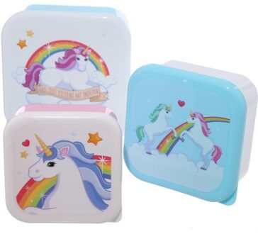 3x Broodtrommel/lunchbox - regenboog eenhoorn print - Voedsel bewaarbakjes - mix formaten
