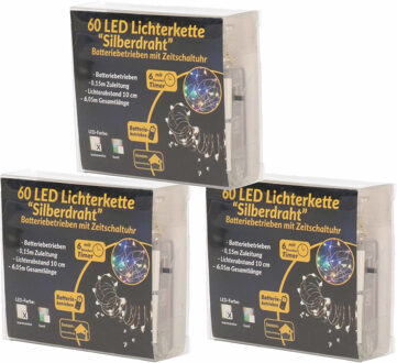 3x Draadverlichting zilver met warm witte LED lampjes 6 meter op batterijen met timer - Kerstverlichting lichtsnoeren