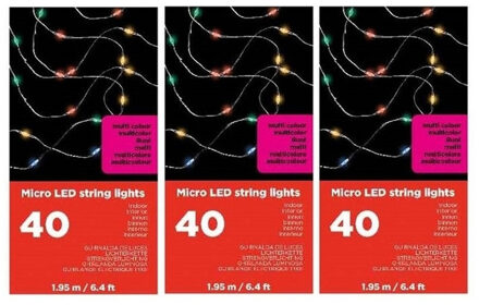 3x Draadverlichting zilverdraad 40 gekleurde lampjes - 195 cm - Micro LED lichtsnoeren 3 stuks