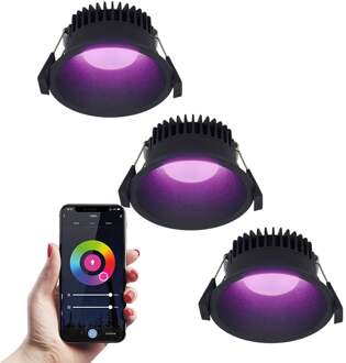 3x Finn Smart LED inbouwspot - 10 Watt - Plafondspot - RGBWW - WiFi + Bluetooth - 630 Lumen - Binnen & buiten - Verzonken spot - Amazon Alexa + Google Assist - Zwart