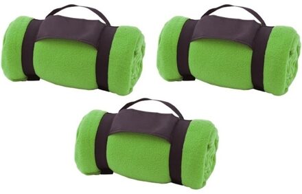 3x Fleece dekens/plaids groen met afneembaar handvat 160 x 130 cm - Action products