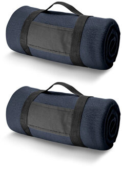 3x Fleece dekens/plaids navy met afneembaar handvat 150 x 120 cm - Plaids Blauw