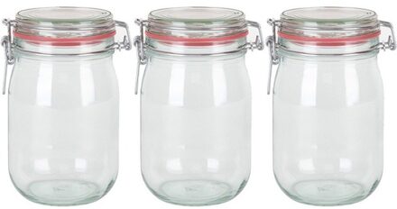 3x Glazen confituren pot/weckpot 1000 ml/1 liter met beugelsluiting en rubberen ring - Weckpotten Transparant