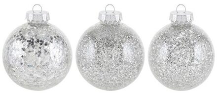 3x Glitter kerstballen zilver 8 cm kunststof kerstboom versiering/decoratie - Kerstbal Zilverkleurig