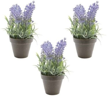 3x Groene Lavandula lavendel kunstplanten 17 cm met zwarte pot - Kunstplanten Paars