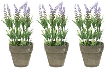 3x Groene/lilapaarse Lavandula/lavendel kunstplanten 25 cm in grijze betonlook pot - Kunstplanten/nepplanten