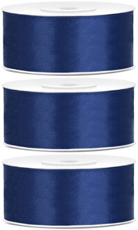 3x Hobby/decoratie donkerblauwe satijnen sierlinten 2,5 cm/25 mm x 25 meter