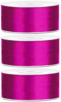 3x Hobby/decoratie fuchsia roze satijnen sierlinten 2,5 cm/25 mm x 25 meter