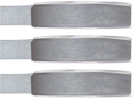 3x Hobby/decoratie grijze organza sierlinten 1,5 cm/15 mm x 20 meter