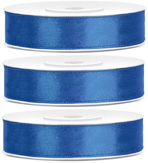 3x Hobby/decoratie kobaltblauwe satijnen sierlinten 1,2 cm/12 mm x 25 meter