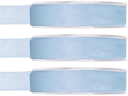3x Hobby/decoratie lichtblauwe organza sierlinten 1,5 cm/15 mm x 20 meter - Cadeaulint organzalint/ribbon - Striklint linten blauw