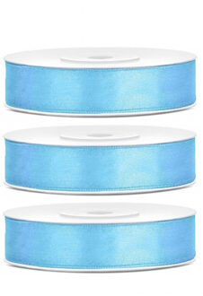 3x Hobby/decoratie lichtblauwe satijnen sierlinten 1,2 cm/12 mm x 25 meter