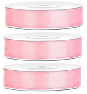3x Hobby/decoratie lichtroze satijnen sierlinten 1,2 cm/12 mm x 25 meter