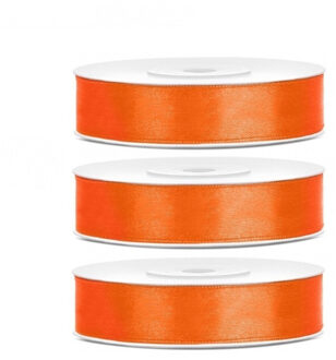 3x Hobby/decoratie oranje satijnen sierlinten 1,2 cm/12 mm x 25 meter - Cadeaulinten satijnlinten/ribbons - Oranje linten - Hobbymateriaal benodigdheden - Verpakkingsmaterialen