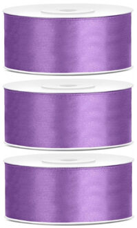 3x Hobby/decoratie paarse satijnen sierlinten 2,5 cm/25 mm x 25 meter - Cadeaulinten satijnlinten/ribbons - Lila paarse linten - Hobbymateriaal benodigdheden - Verpakkingsmaterialen