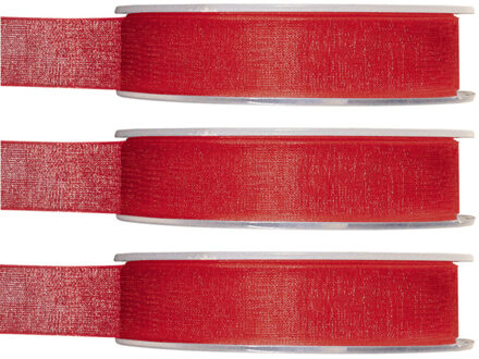 3x Hobby/decoratie rode organza sierlinten 1,5 cm/15 mm x 20 meter - Cadeaulint organzalint/ribbon - Striklint linten rood