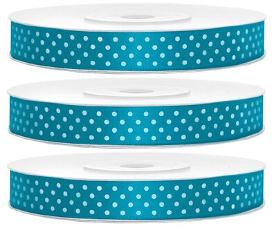 3x Hobby/decoratie turquoiseblauwe satijnen sierlinten met witte stippen 1,2 cm/12 mm x 25 meter