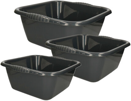 3x huishoud teilen set - afwasbak - kunststof - 15-20-20 liter - antraciet - schoonmake