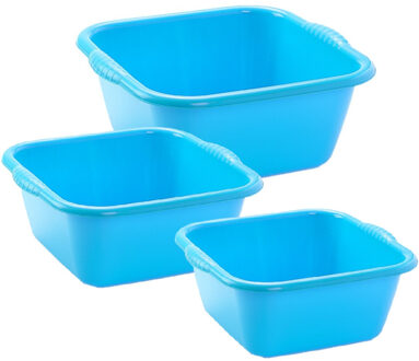 3x huishoud teilen set - afwasbak - kunststof - 15-20-20 liter - blauw - schoonmaken