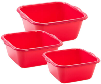 3x huishoud teilen set - afwasbak - kunststof - 15-20-20 liter - rood - schoonmake