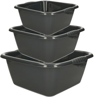 3x huishoud teilen set - afwasbak - kunststof - 6-10-15 liter - antraciet - schoonmaken