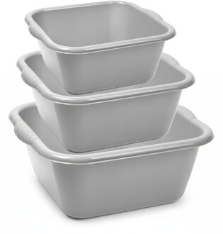 3x huishoud teilen set - afwasbak - kunststof - 6-10-15 liter - grijs - schoonmaken