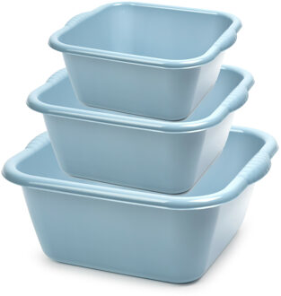 3x huishoud teilen set - afwasbak - kunststof - 6-10-15 liter - ijsblauw - schoonmaken
