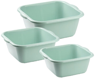 3x huishoud teilen set - afwasbak - kunststof - 6-10-15 liter - mintgroen - schoonmaken