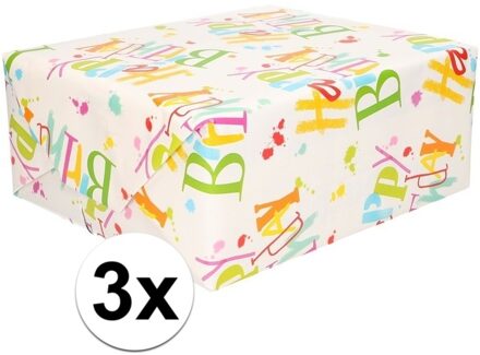 3x Inpakpapier/cadeaupapier Happy Birthday 200 x 70 cm rollen - Cadeaupapier