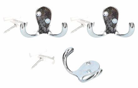 3x Kapstokhaakjes / garderobehaken met dubbele haak - metaal - woonaccessoires - kleding / jassen ophangen - muur kapstokken / garderobehaakjes