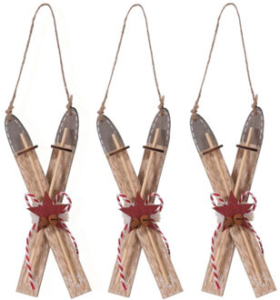 3x Kerst hangdecoratie bruine skiset 12 cm met rode ster - Kersthangers