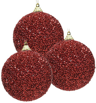3x Kerstballen kerst rode glitters 8 cm met kralen kunststof kerstboom versiering/decoratie - Kerstbal Rood